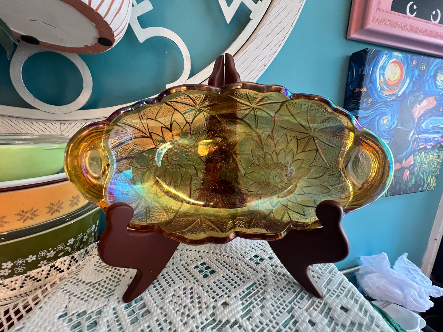 Indiana Glass Lily Pons Orange Carnival Glass Pickle/Relish/Candy Dish