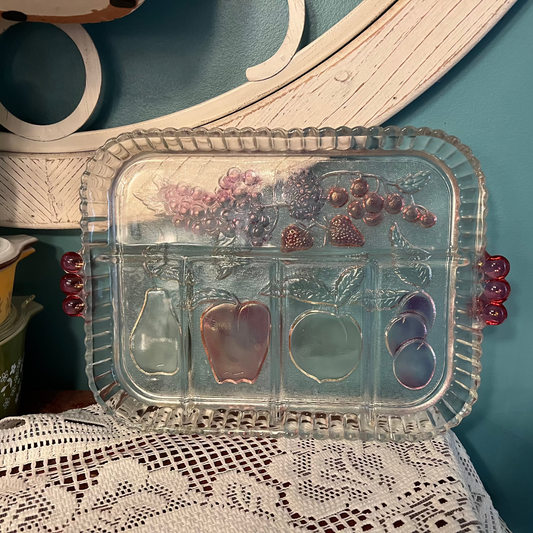 Vintage Indiana Glass Rainbow Mist Fruit Tray – 12.5"x9" Colorful Depression Glass