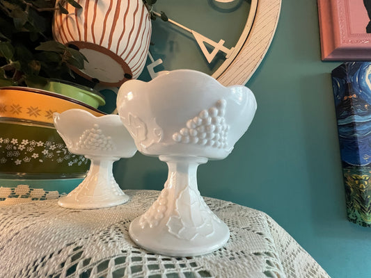 Vintage footed milk glass candle holders with embossed grapes and leaves