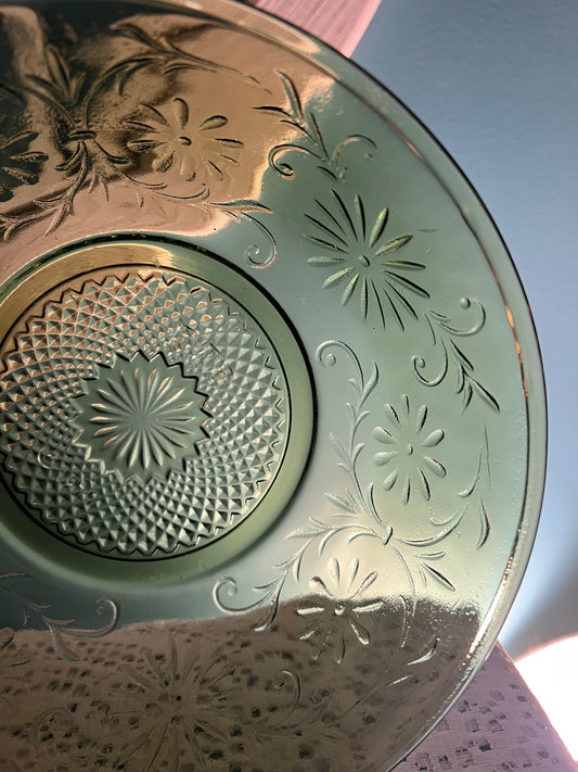 Collectible Depression glass Chantilly pattern green bowl for mid-century kitchens