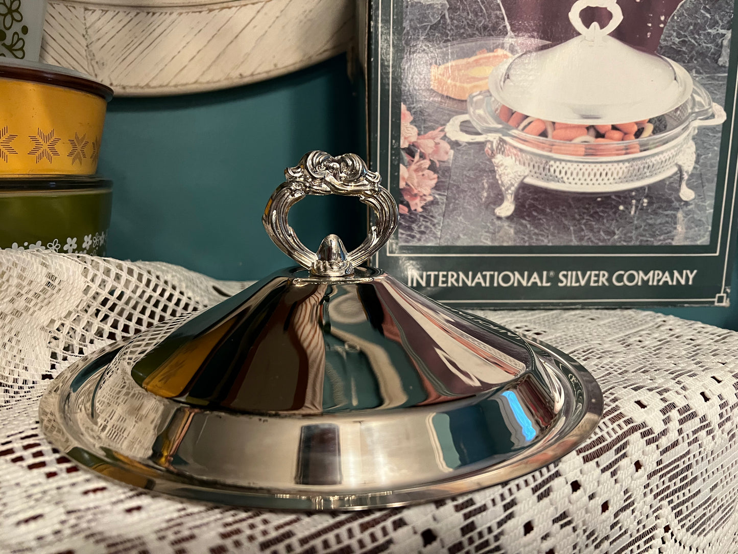 International Silver Company silver plated duo with glass serving dishes and lid, replacement pieces