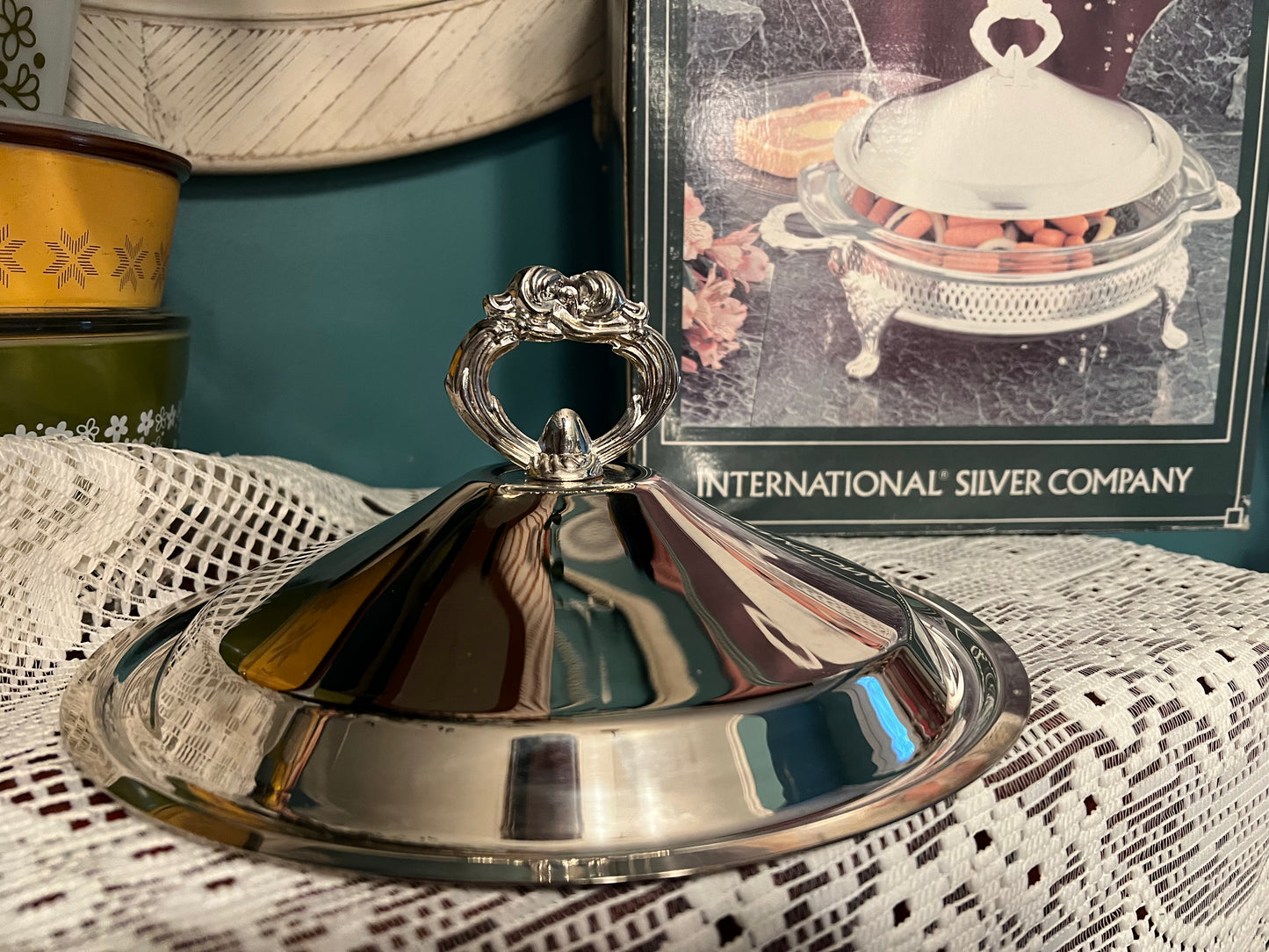 International Silver Company silver plated duo with glass serving dishes and lid, replacement pieces