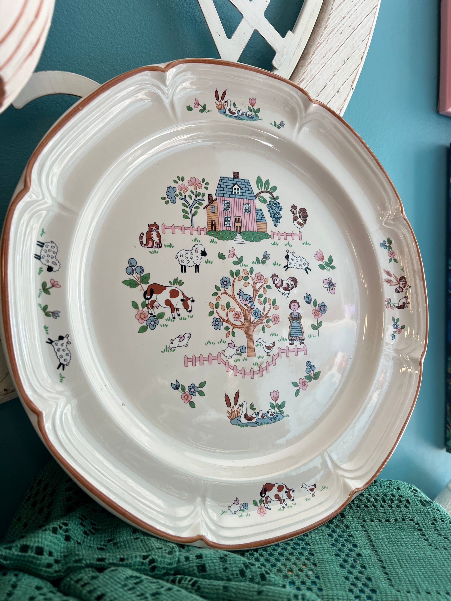 Japanese stoneware farm scene platter for serving or display