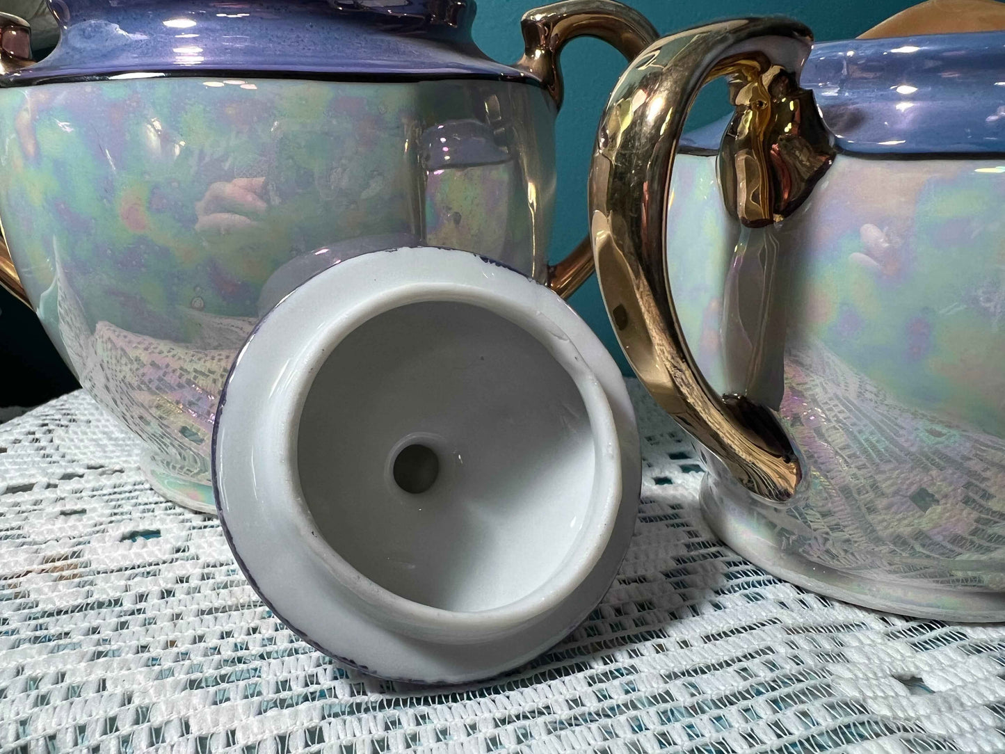 Vintage Japanese Hand-Painted Lusterware Sugar Bowl & Creamer Set | Blue Lavender Accents | Vintage Tea Service