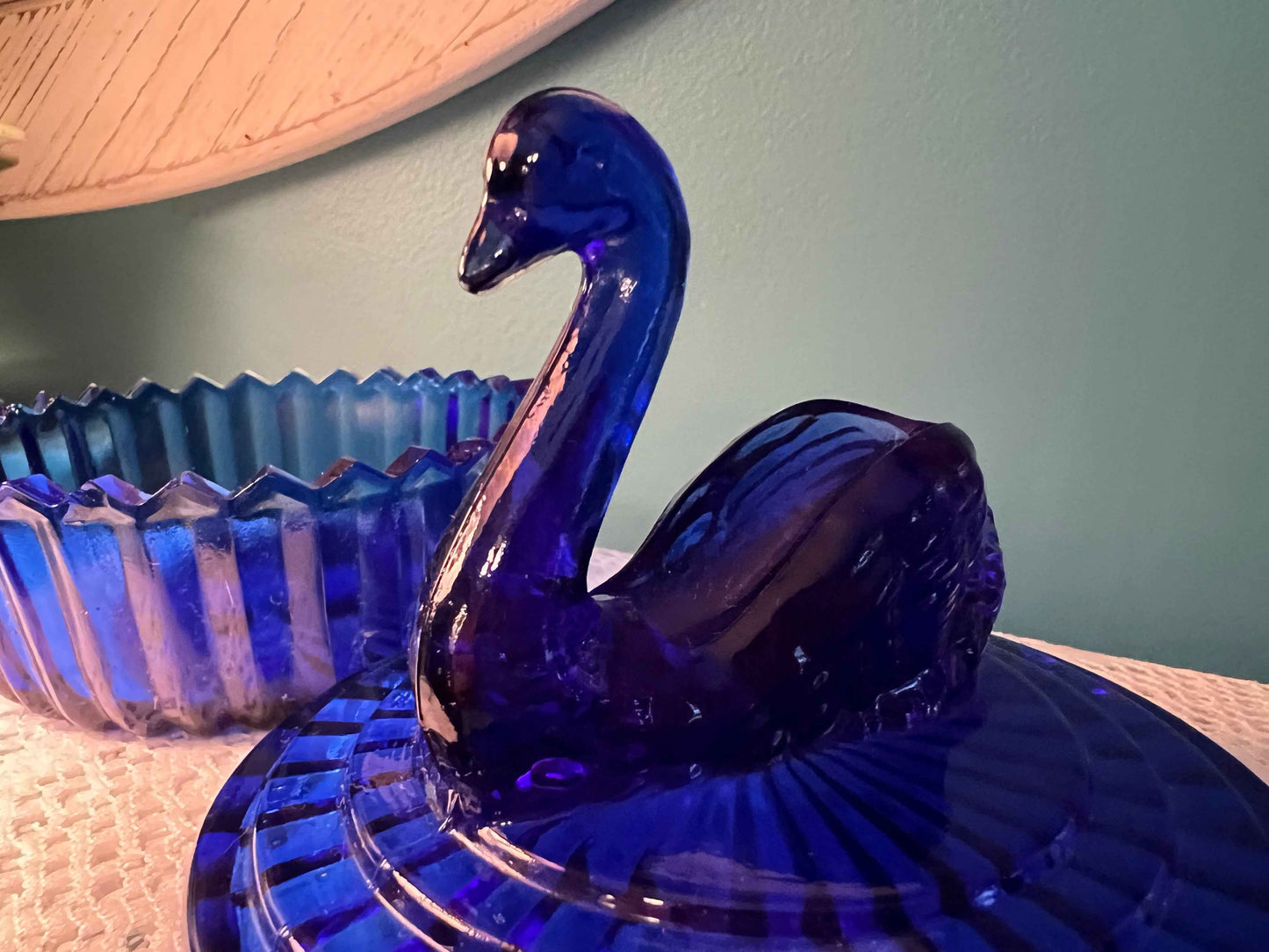 Jeanette Glass Cobalt Trinket Jar | Swan Lid | Vintage Collectible Glassware
