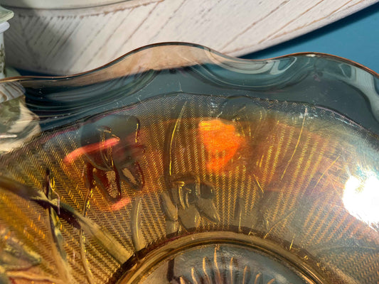 Jeannette Glass Iris & Herringbone Marigold Carnival Glass Bowl | 9.5" | Vintage Collectible