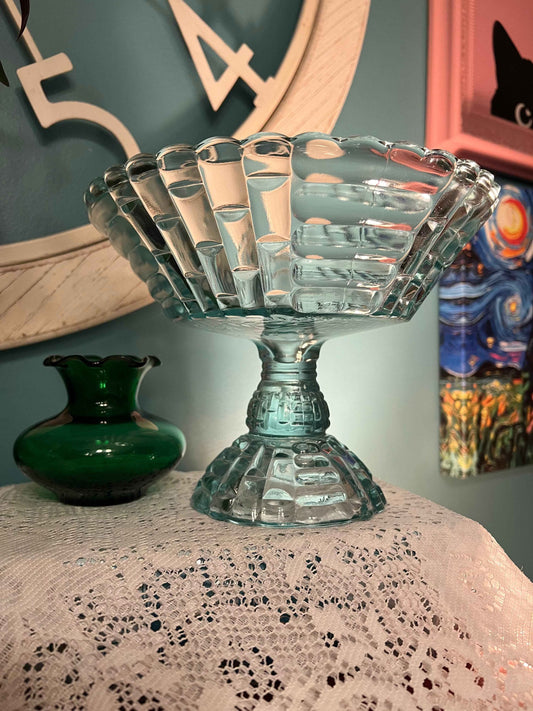 Vintage Jeannette Glass “Louisa” Pedestal Bowl – Light Blue Depression Glass, 1950s