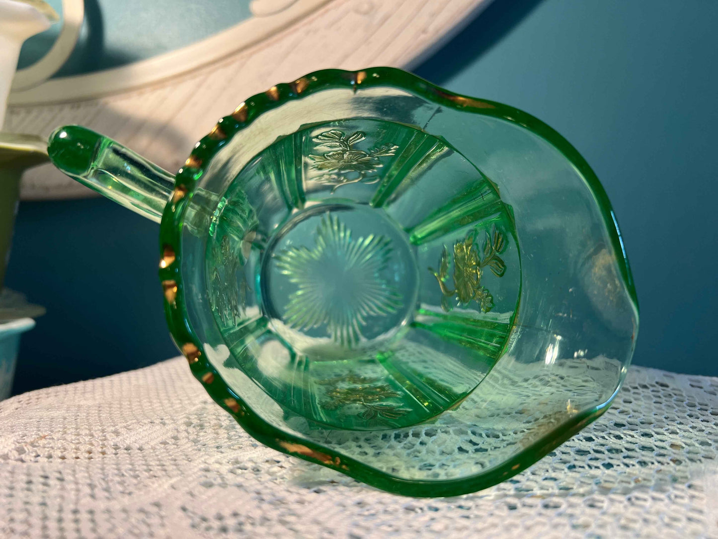 Vintage Jefferson Glass Dolly Madison Creamer | Green with Gold Accents | Early American Glassware