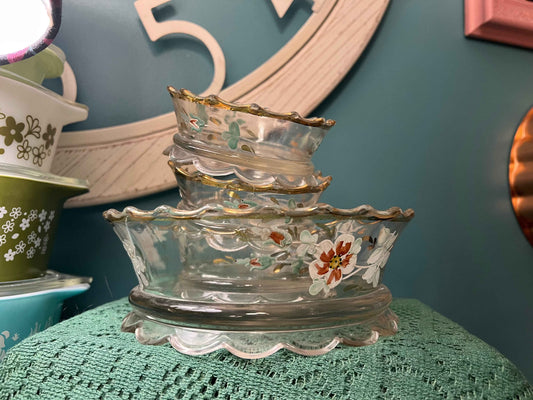 Antique Jefferson Crystal Hand-Painted Floral Berry Bowl Set | Clear Crystal with Scalloped Rim | Vintage Tableware