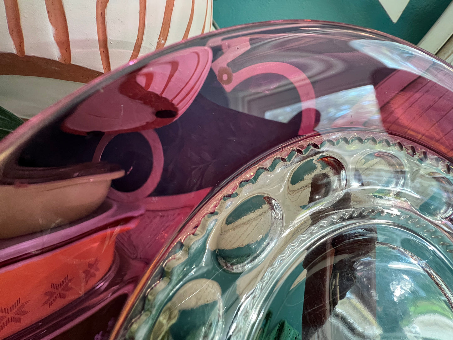Mid-century red glass salad plate with thumbprint design