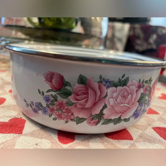 Vintage pink floral Kobe metal bowl set, made in Indonesia