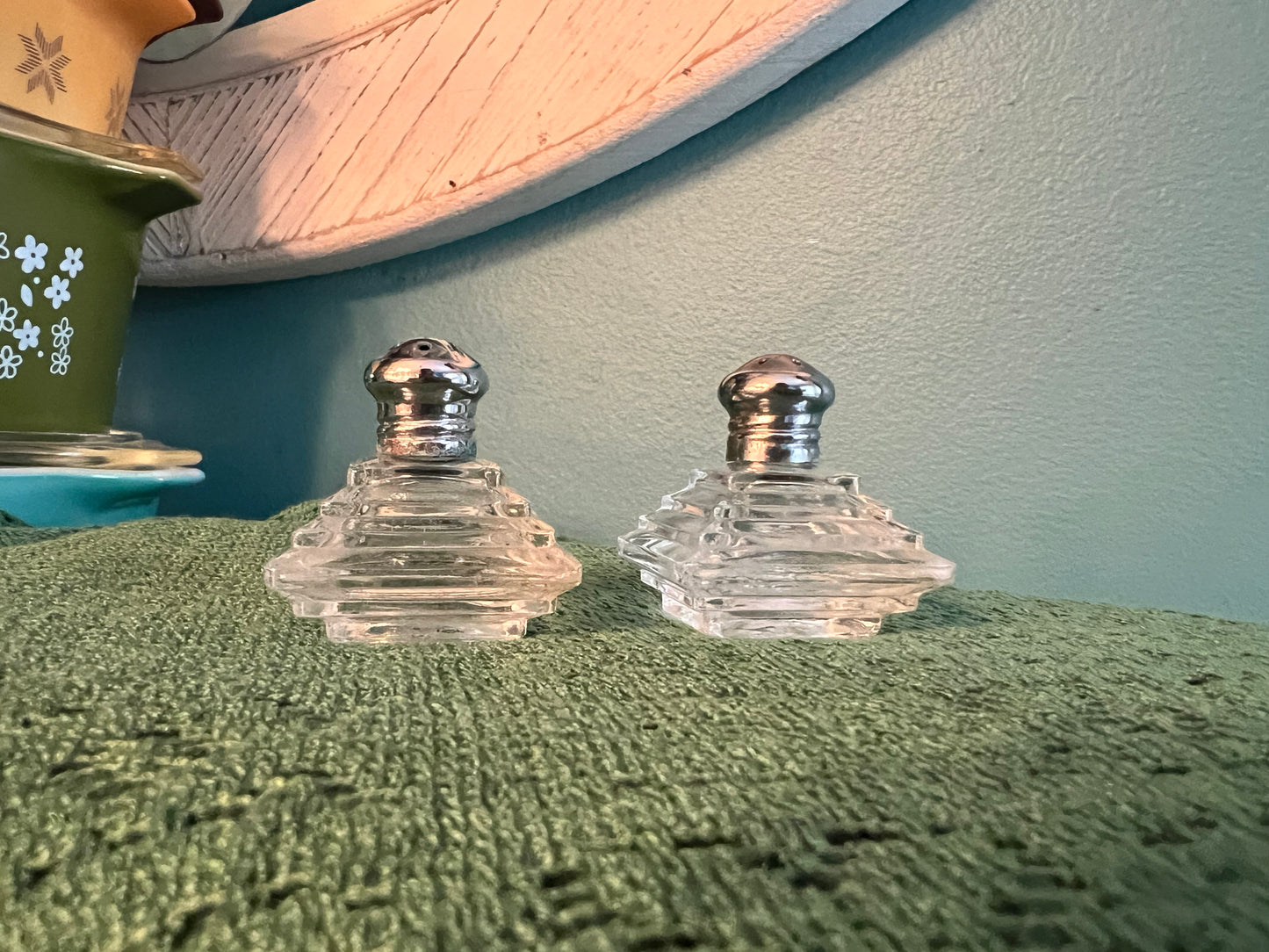 Vintage Irice pyramid ribbed glass salt and pepper shakers from mid-century America