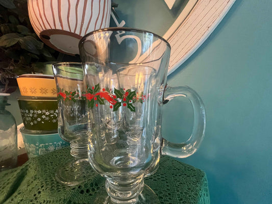 Vintage Arby’s Holly Berry Mugs – Set of 4 Heavy Base Libbey Glass, Gold Rimmed for Irish Coffee & Egg Nog