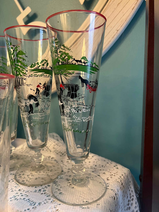Vintage Libbey Currier & Ives “Making Hay” Pilsner Glasses | Set of 5