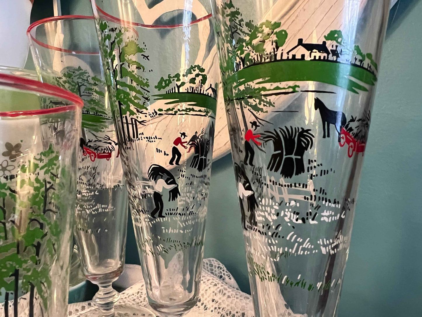 Vintage Libbey Currier & Ives “Making Hay” Pilsner Glasses | Set of 5