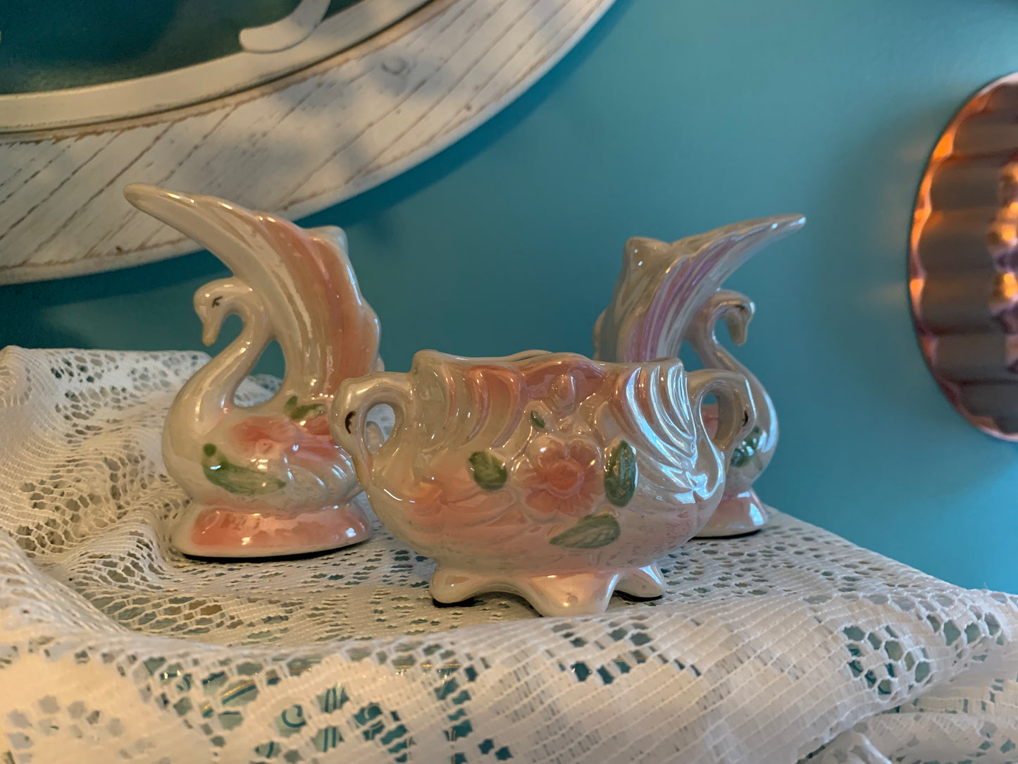 Vintage lusterware swan vases