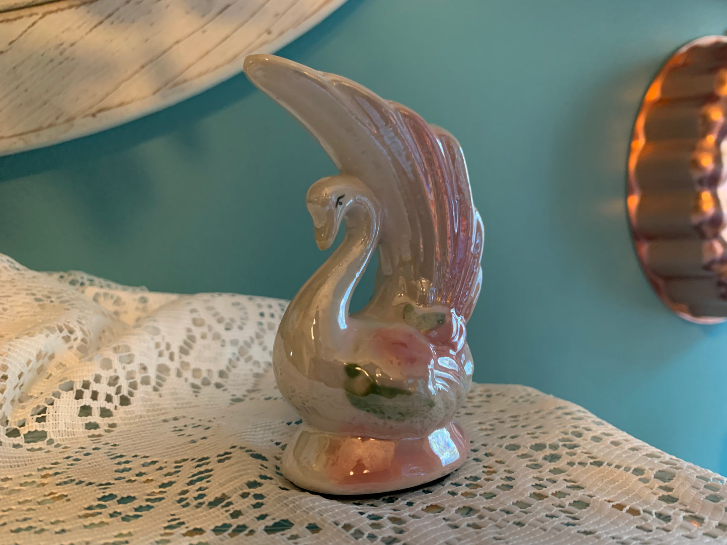 Set of two vintage lusterware swan vases with iridescent finish