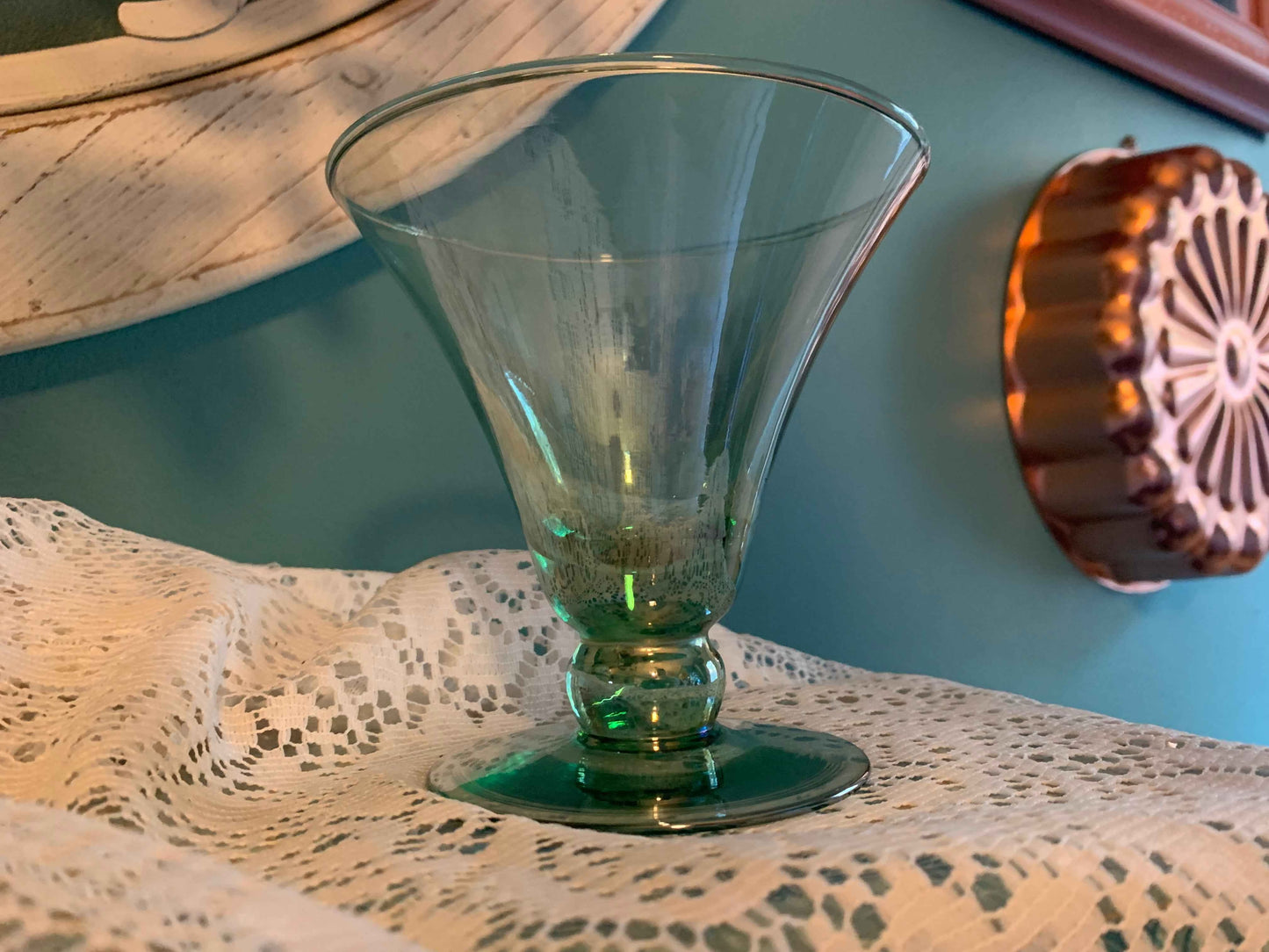 Vintage Mexican Hand-Blown Glass Margarita or Martini Glass β Iridescent Green/Aqua β Cocktail or Dessert