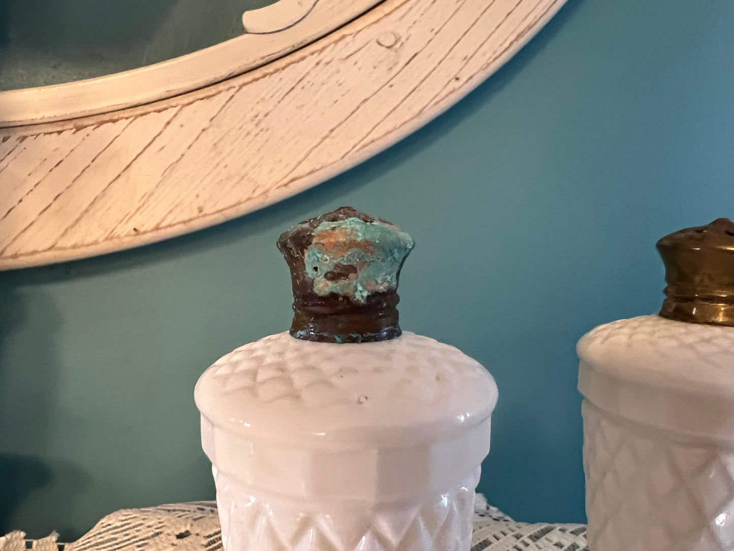 Mid-century tabletop milk glass shakers for dinner parties