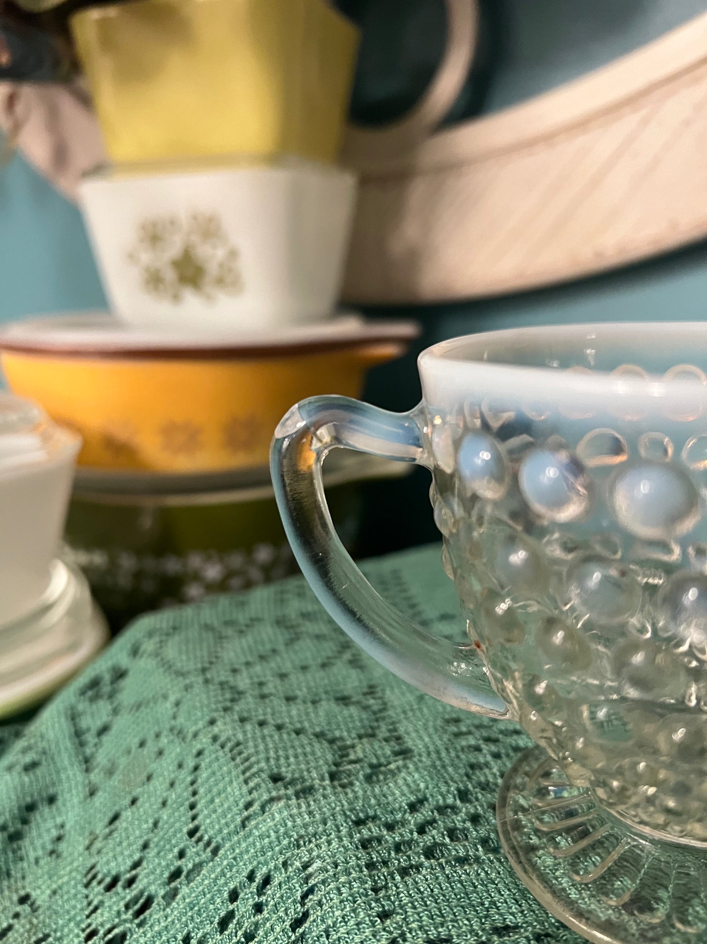Collectible clear hobnail glass sugar bowl with white rim
