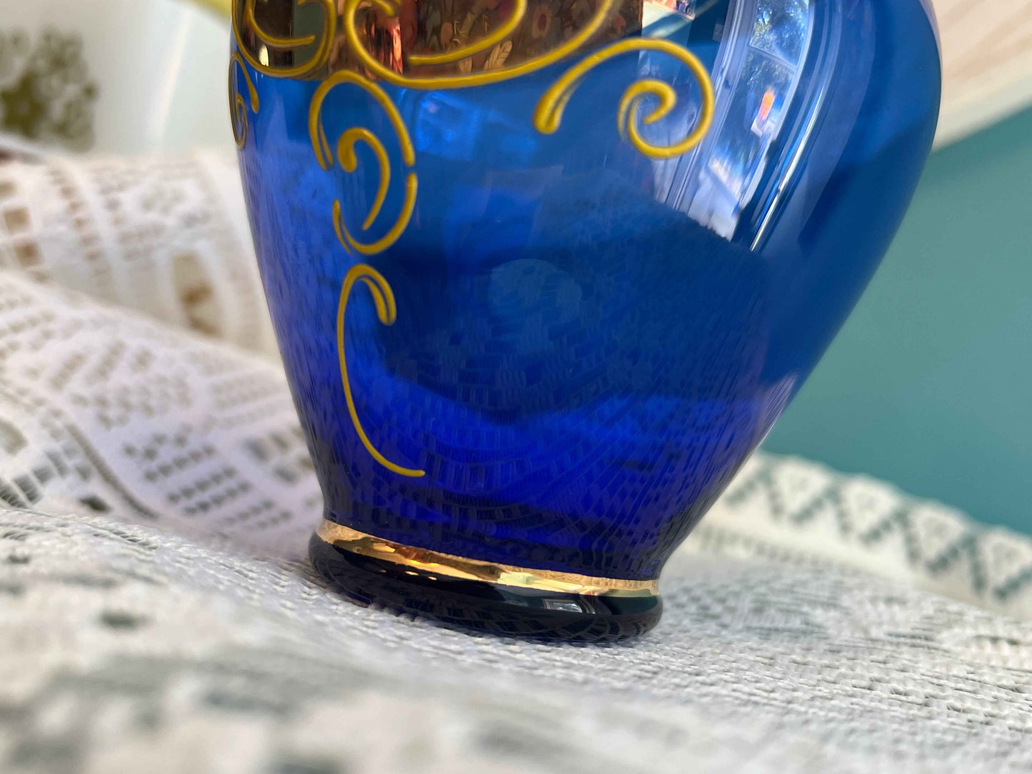 Vintage Nasco Japan Cobalt Blue Hand-Painted Floral Vase, 5" x 3.5", Gold Gilt Bohemian Glass