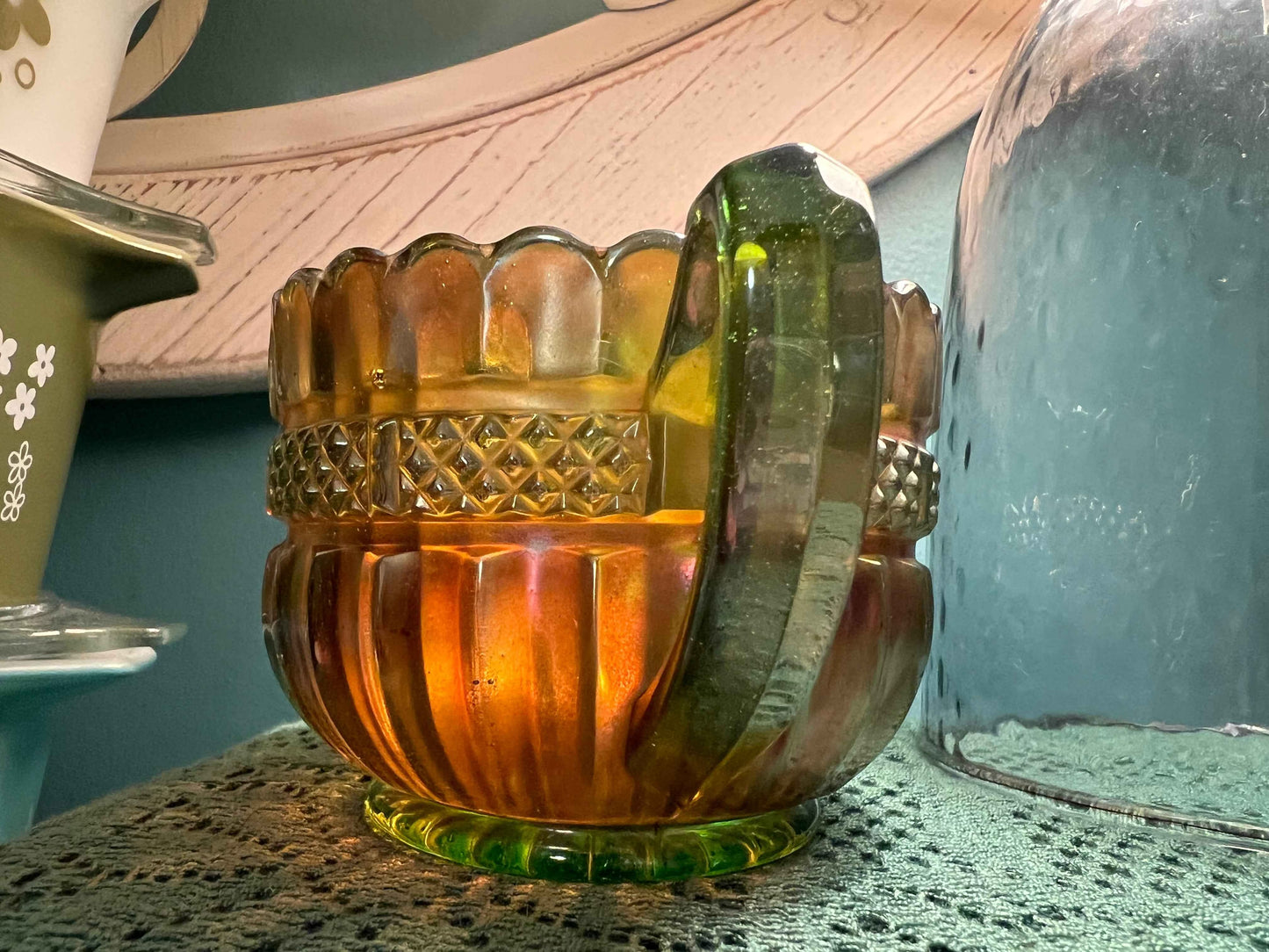 Vintage Northwood Lustre Flute Green Alaska Carnival Glass Sugar Bowl – Double-Handled, c.1908