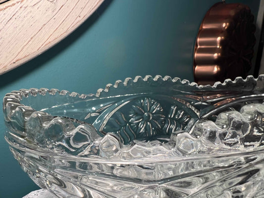 Vintage Oval Crystal Bowl | Sawtooth Rim | Pressed Floral Star Pattern | Glass Feet