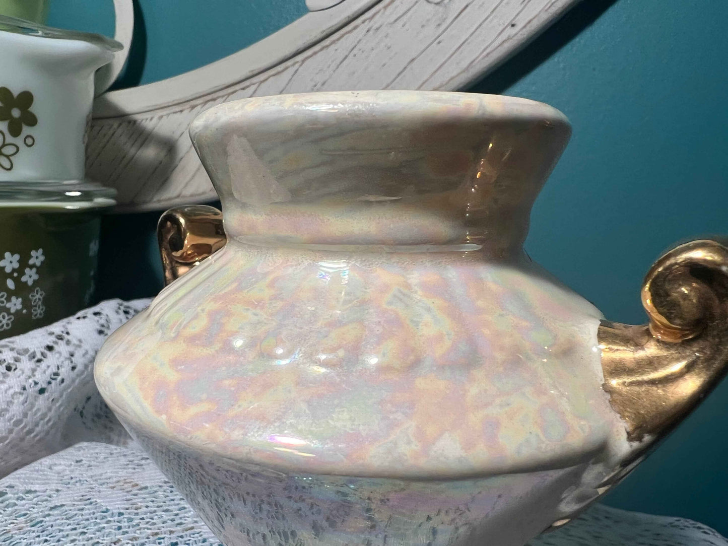 Vintage Lusterware Iridescent Vase | Pearl China Co. | Gold Tone Handles