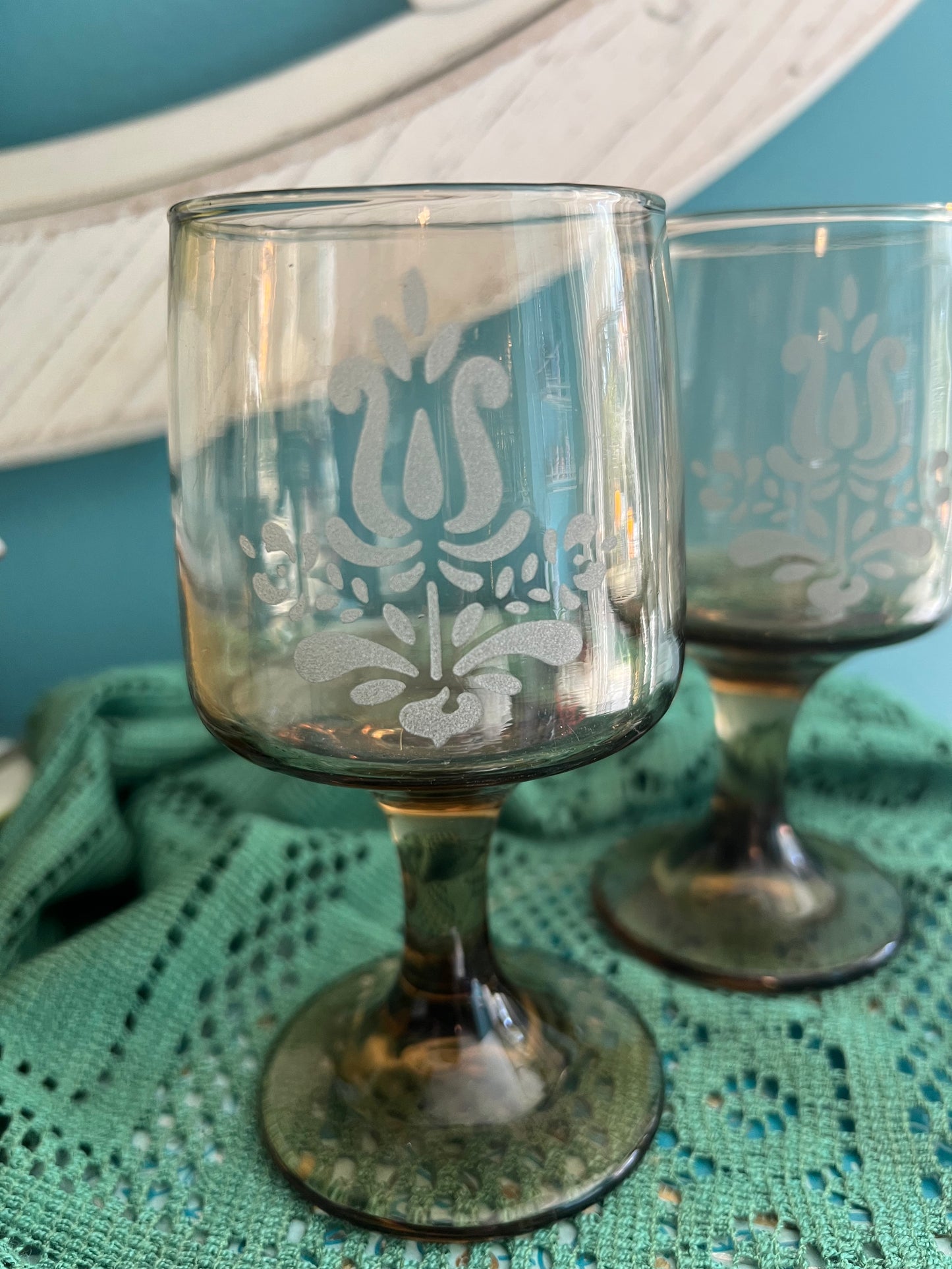 Etched glass water goblets