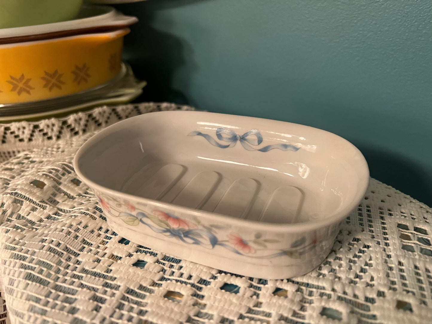 Vintage Princess House Floral Ribbon porcelain soap dish and cup set