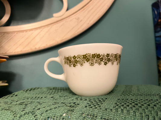 Vintage Pyrex milk glass coffee cup Spring Blossom Green Crazy Daisy