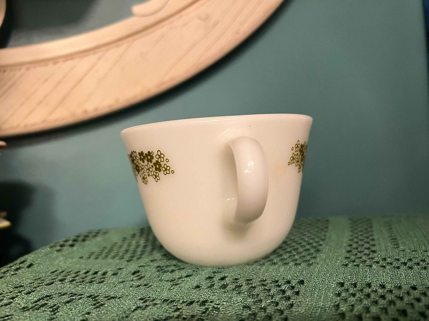 Vintage Pyrex Milk Glass Coffee Cup – Spring Blossom Green / Crazy Daisy