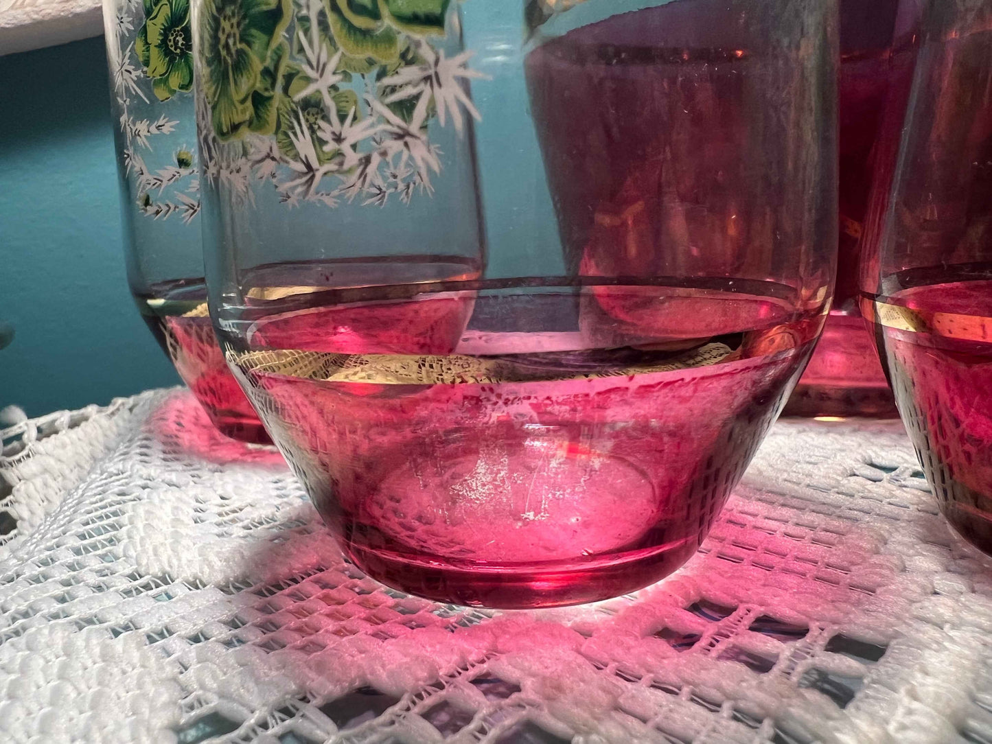 Vintage Floral Glass Pitcher & Tumbler Set Ruby Flash Base | Vintage Glassware