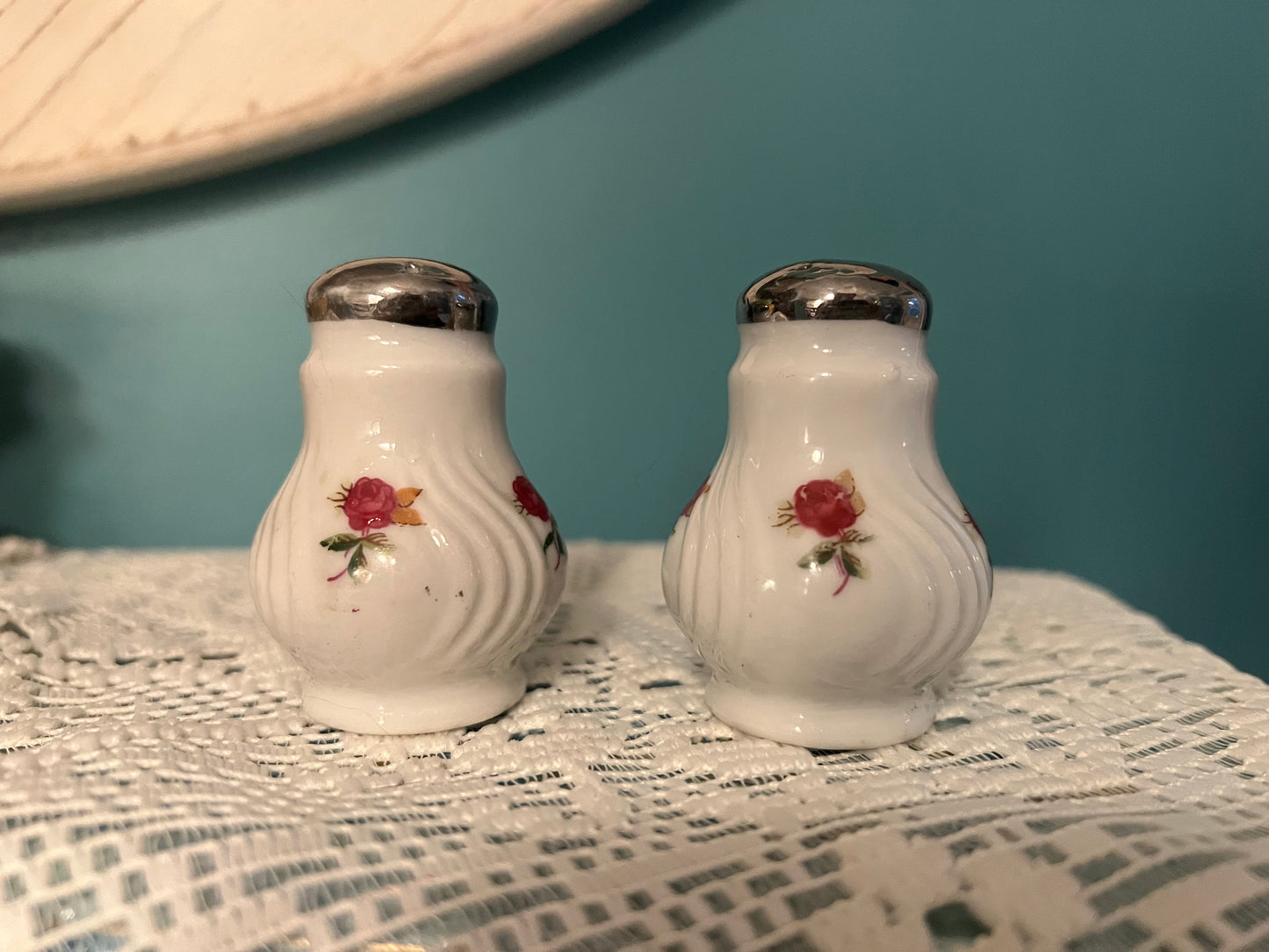 Vintage Cottage Rose porcelain salt and pepper shakers with pink rose and silver accents