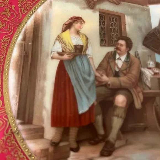 Antique Royal Vienna Style Decorative Plate – Red & Gold with Pastoral Scene - 9.5