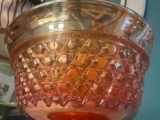 Sowerby Carnival Glass Crosshatch Compote | Marigold Peacock Head Logo | Vintage Glassware