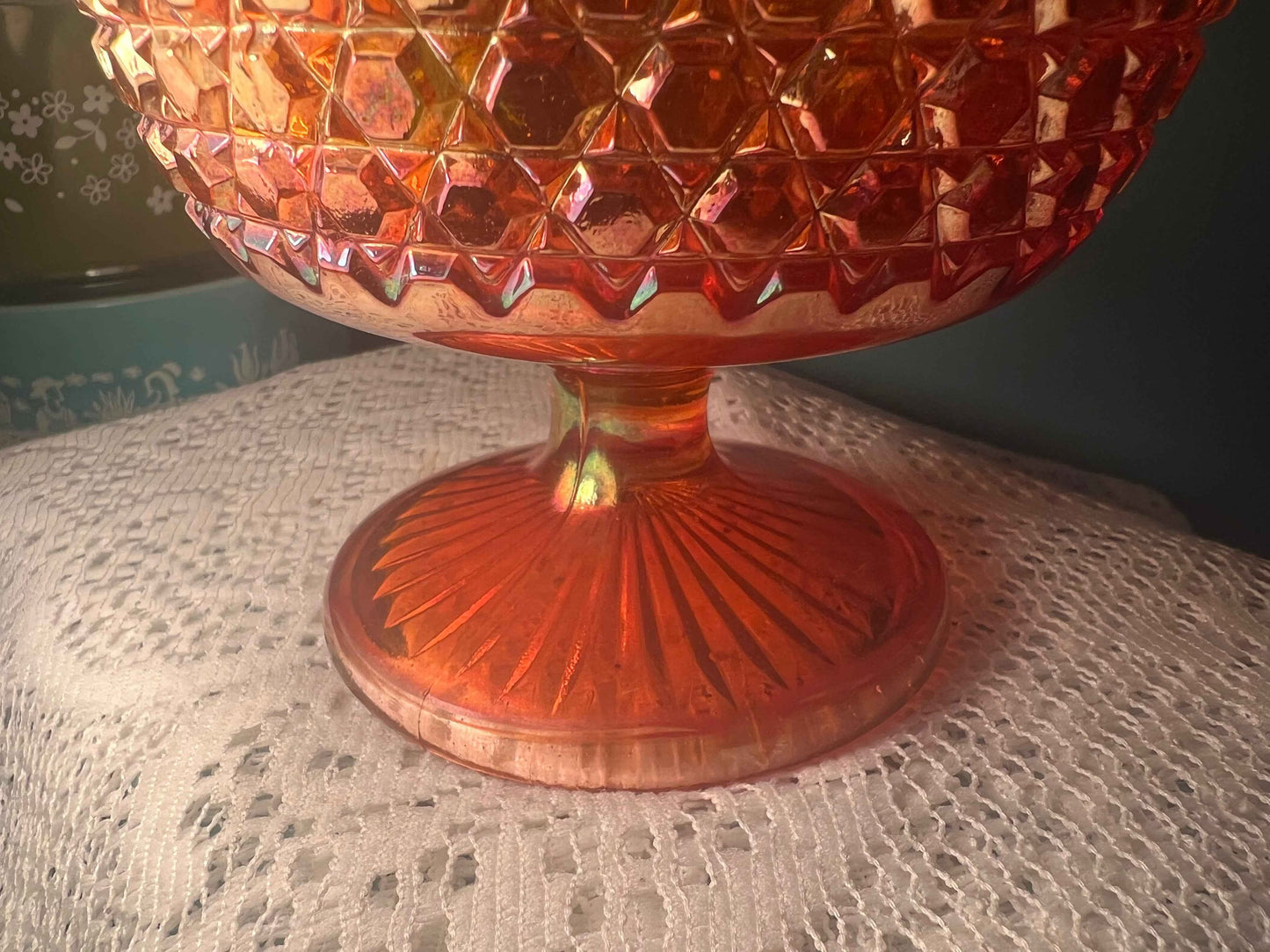 Sowerby Carnival Glass Crosshatch Compote | Marigold Peacock Head Logo | Vintage Glassware