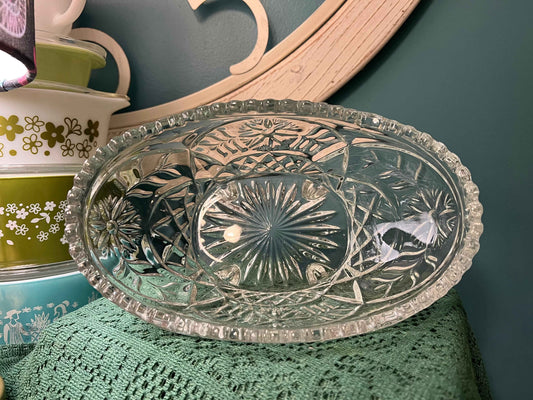 Vintage Oblong Crystal Bowl | Sawtooth Rim & Floral Pattern | Decorative Footed Fruit or Candy Dish