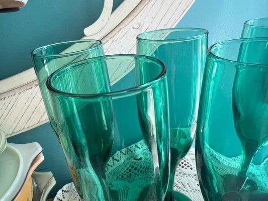 Vintage Libbey Teardrop Juniper Fluted Champagne Glasses – Set of 6, Dark Green, 8 3/4"