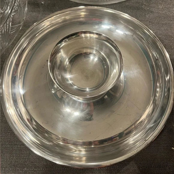 Vintage Sheridan silver plate 10.5” round dessert tray with matching condiment bowl