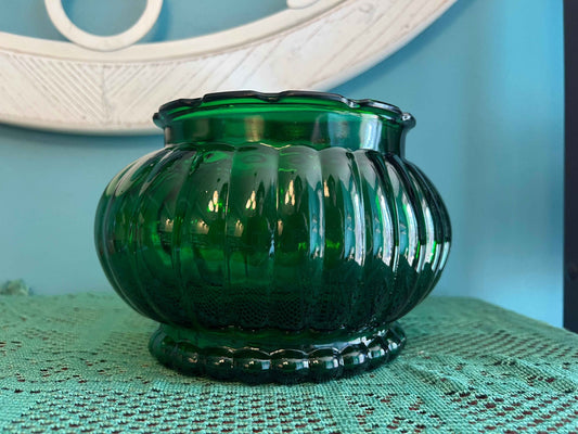 A.L.R. Co. Emerald Green Ribbed Glass Vase or Planter | Vintage Glassware