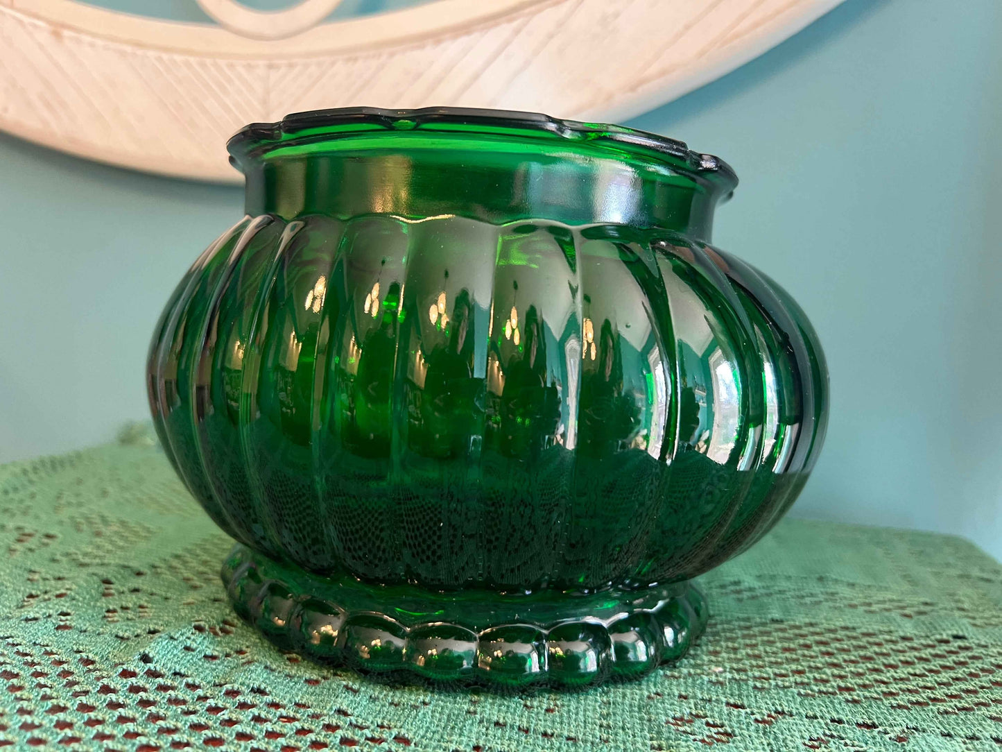 A.L.R. Co. Emerald Green Ribbed Glass Vase or Planter | Vintage Glassware