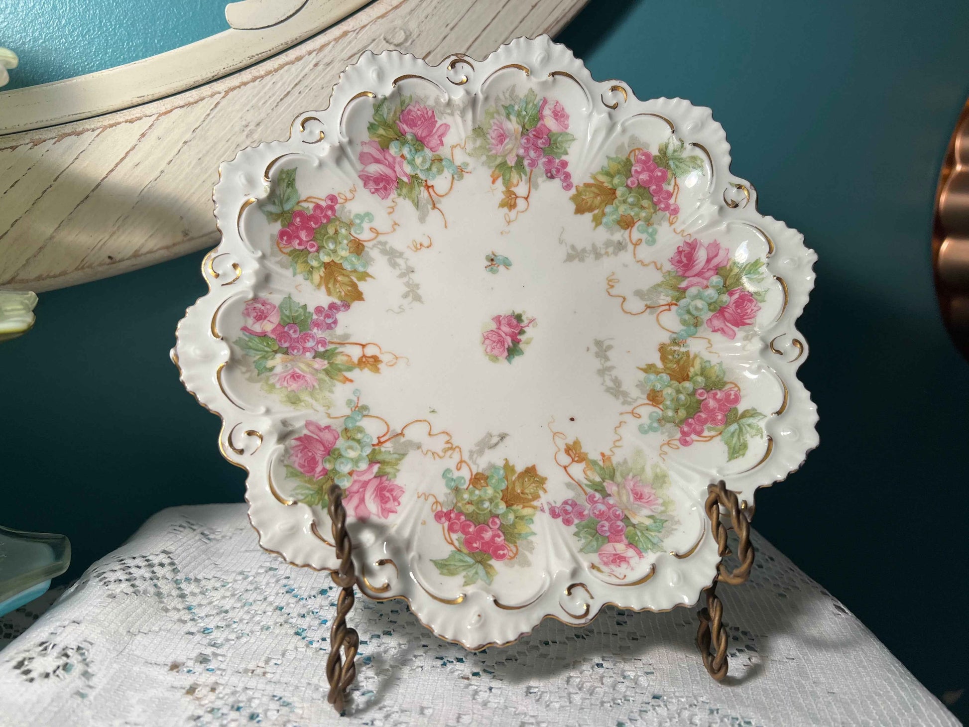 Vintage MZ Austria Scalloped Plate | Pink & Green Floral Grape Pattern | Fine Porcelain