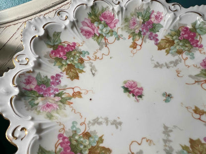 Vintage MZ Austria Scalloped Plate | Pink & Green Floral Grape Pattern | Fine Porcelain