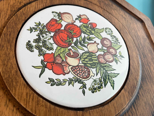 Vintage Alco Cheese Tray | 1970s Hexagon Wooden Cheese Board with Ceramic Tile | Charcuterie & Appetizer Serving Tray | Farmhouse Kitchen Decor