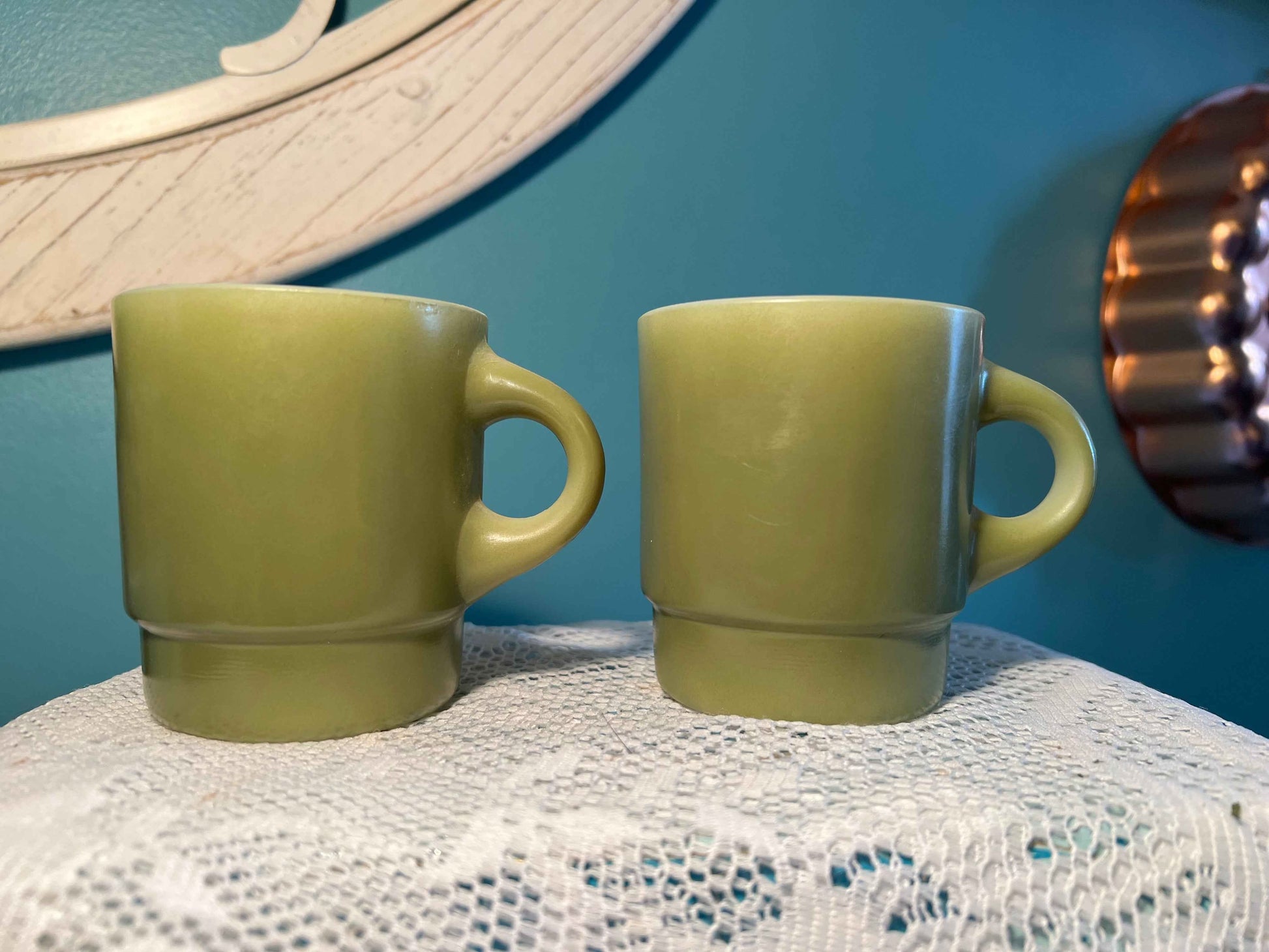 Anchor Hocking Avocado Green Coffee Mugs | Pair | Vintage Oven-Proof D-Handle