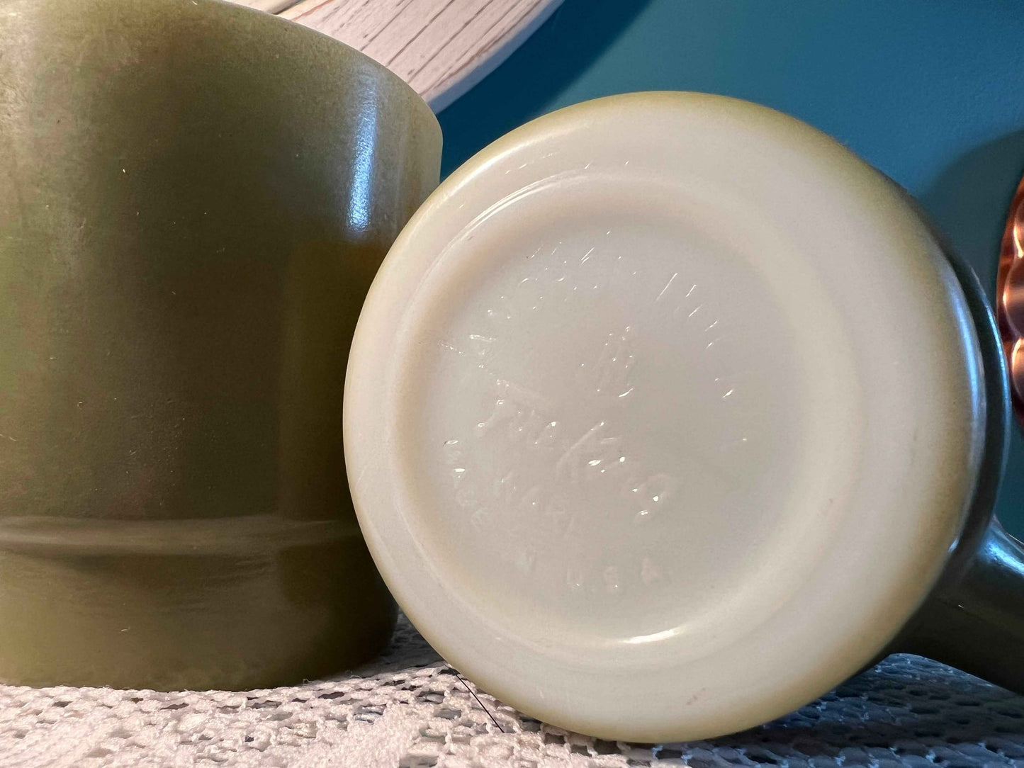 Anchor Hocking Avocado Green Coffee Mugs | Pair | Vintage Oven-Proof D-Handle