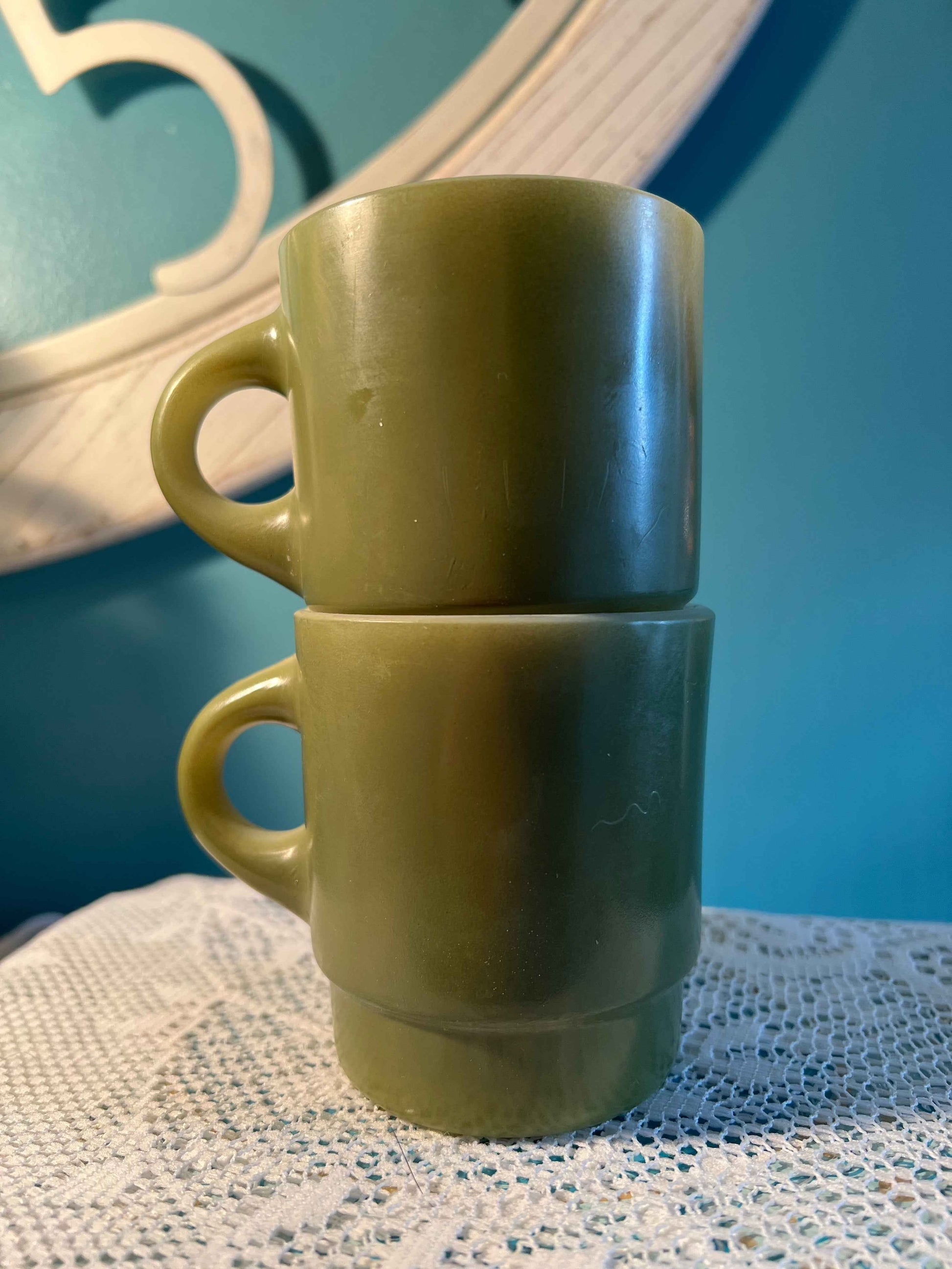 Anchor Hocking Avocado Green Coffee Mugs | Pair | Vintage Oven-Proof D-Handle