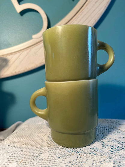 Anchor Hocking Avocado Green Coffee Mugs | Pair | Vintage Oven-Proof D-Handle