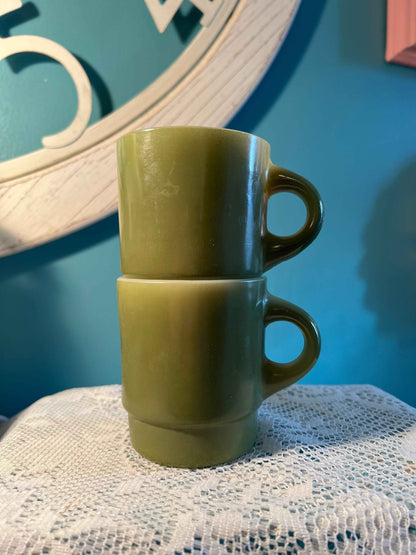 Anchor Hocking Avocado Green Coffee Mugs | Pair | Vintage Oven-Proof D-Handle